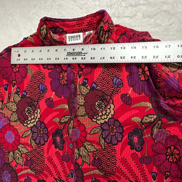 Chico's Design Womens Floral Textured Button-Down Shirt Size 3 Silk Blend Red - Picture 5 of 7